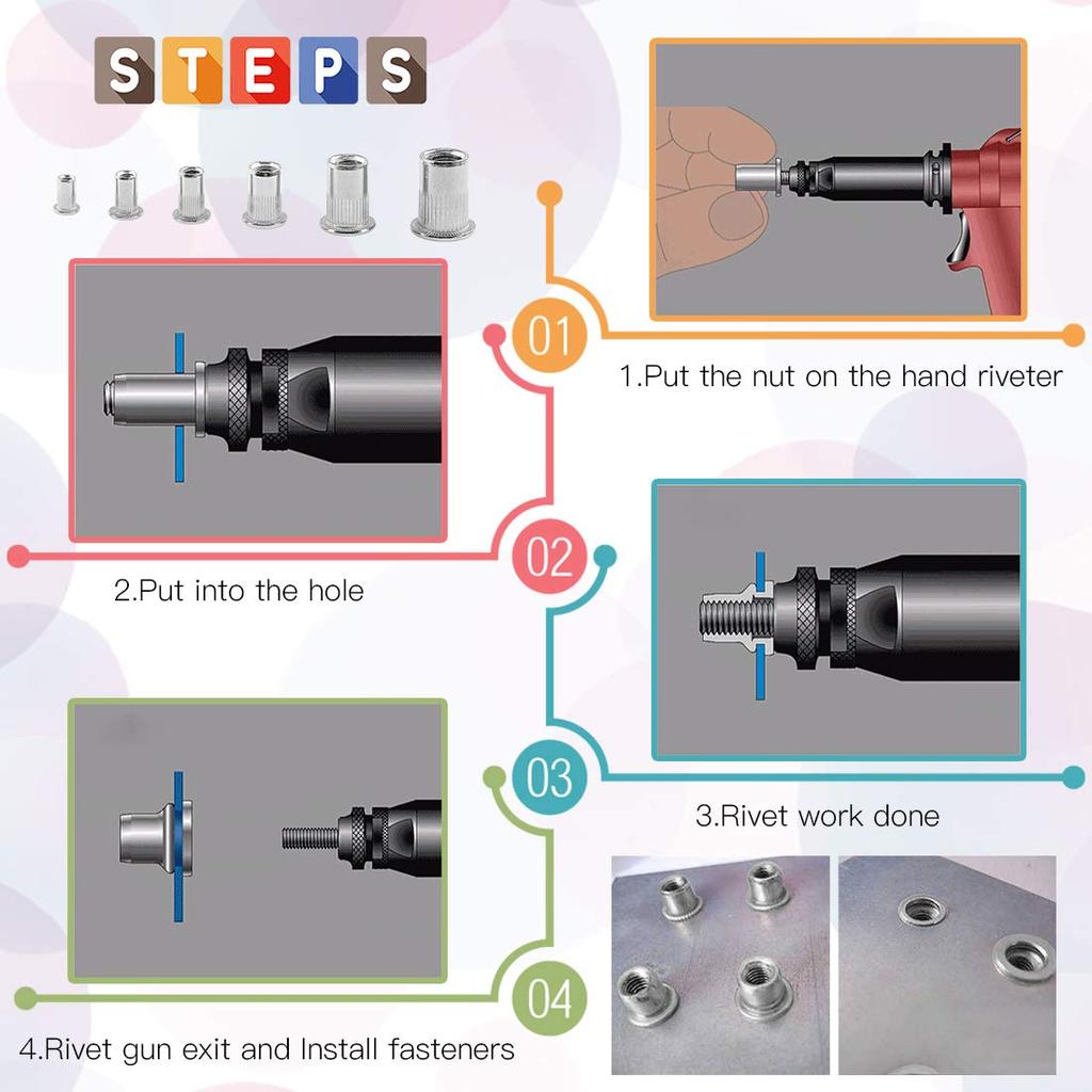 180Pcs 304 Stainless Steel Flat Head Threaded Nut Insert Nutsert  Nut Assortment Kit - M3  M5 M6 M8 M10
