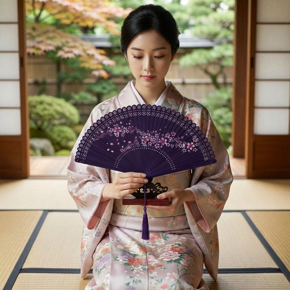 with Tassel Bamboo Folding Fan Vintage Cherry Blossom Fan Carved Hollowed-Out Fan  Cultural Event