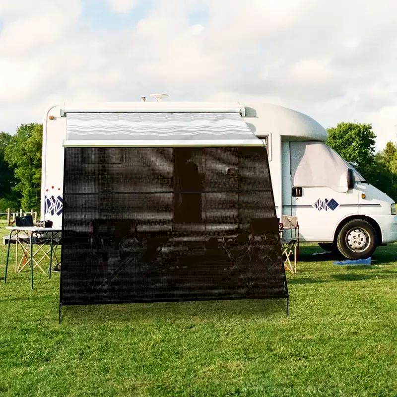 8x15.3ft Black Mesh RV Sunshade Windproof UV Resistant Privacy Screen With Ground Nails Ropes Outdoor Camping Accessories