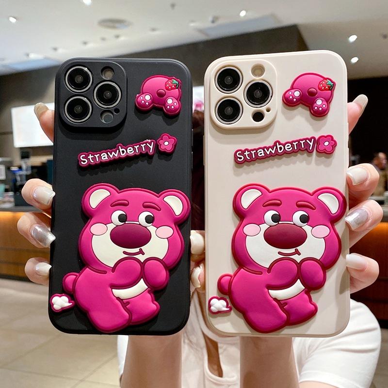 Shy strawberry bear applies to Apple 17 mobile phone case cute iPhone16 creative 15promax three-dimensional cartoon 14