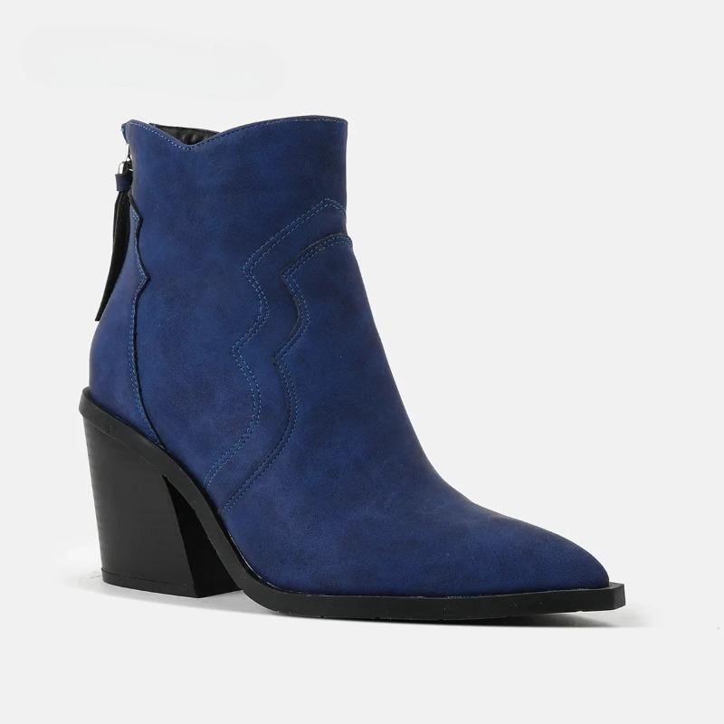 Bottes à Talons Épais Femme Chaussures Unies Compensées Bout Pointu Botas Cowboy Cheville Bottes Chelsea Bottines Femme