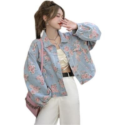 Primavera e outono flores curto denim casaco feminino solto topo