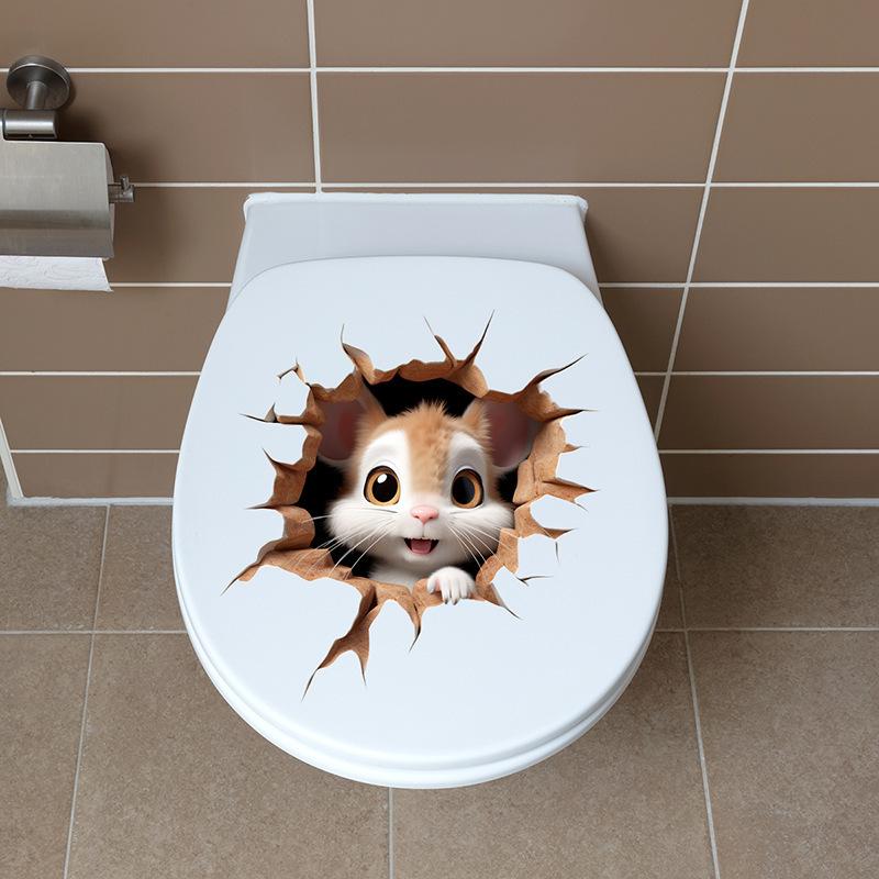 Self-adhesive 3D Cartoon Mouse Breaking Wall Toilet Sticker Waterproof for Bathroom Toilet Seat Decor