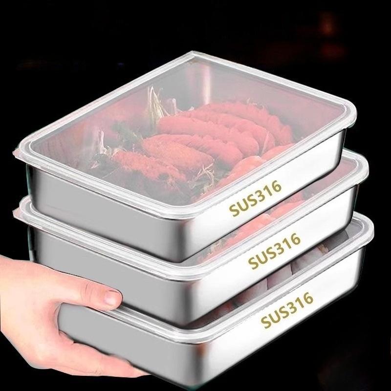Quadratische Platte aus Edelstahl mit Deckel, rechteckige Pfanne zur Lebensmittelaufbewahrung, kommerzielles Geschirrtablett, großer erfrischender Lunchbox-Behälter