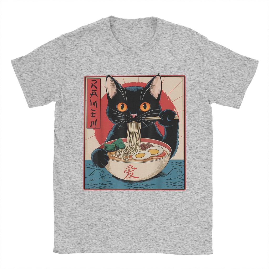 Men Japanese Black Cat Ramen T Shirt Kawaii Noodle Cat Cotton Clothes Humor Short Sleeve Round Collar Tees Gift Idea T-Shirt
