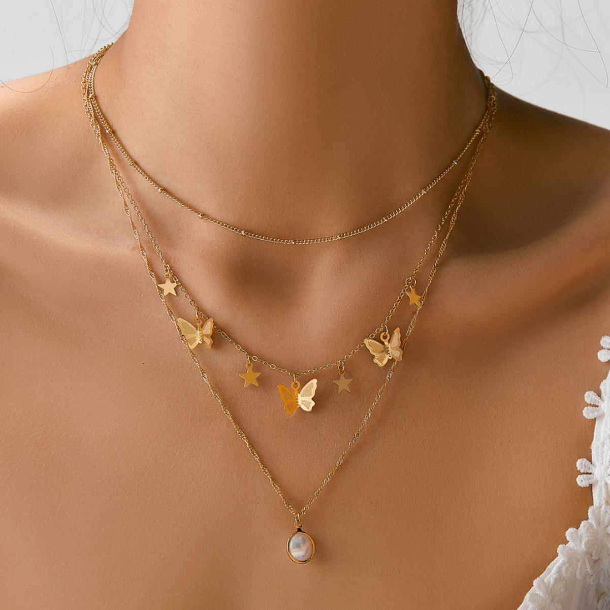 

European & American Fashion Multi-Layer Butterfly Star Faux Pearl Pendant Necklace