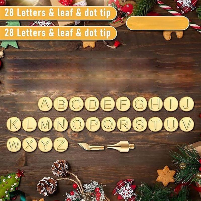 Holzbrand Buchstaben Schablone Set 26 Buchstaben Schablonen + 2 Messing Brandspitzen 28 STK DIY Pyrographie Schablonen für Holzschnitzerei