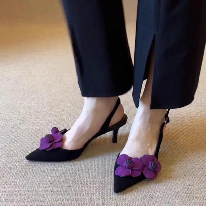 

Мода 2025 Лето Новые Ретро Острый Носок Декаль Женская Обувь Мода Уличная Вечеринка Высокие Каблуки Сандалии Sandalias Mujer 34 чёрный