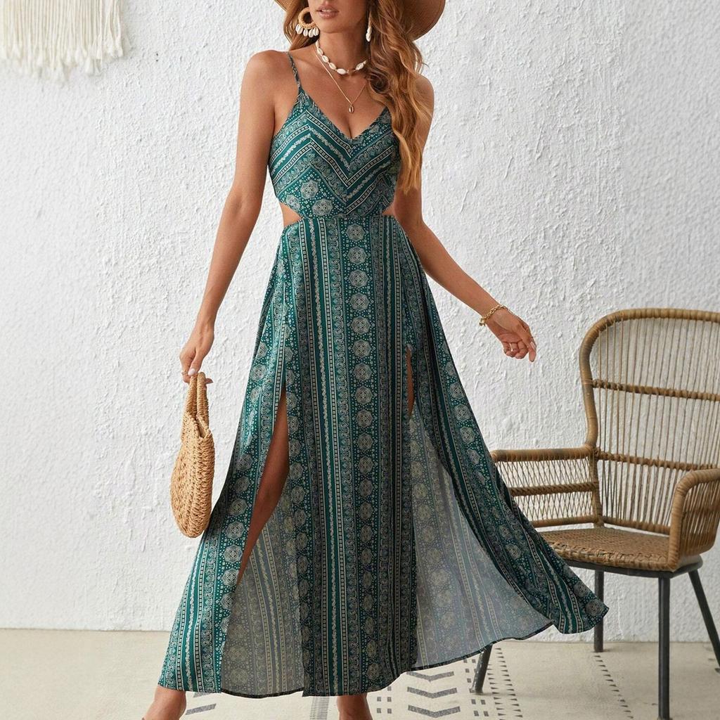 Women's V Neck Spaghetti Strap Maxi Dress Slim Fit Elastic Waist Boho Printed Cutout Side Slit Vacation Beach Dress