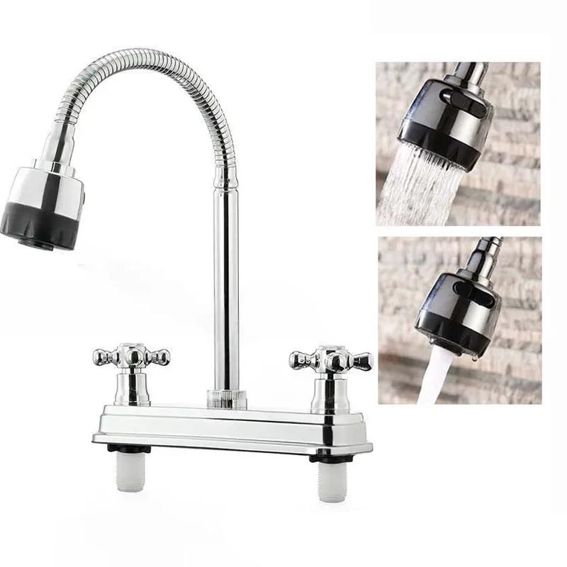 Kitchen Flexible 360° Rotatable Faucet Dual Handle Hot and Cold Water Faucet Splashproof 2 Outlet Modes Kitchen Tap