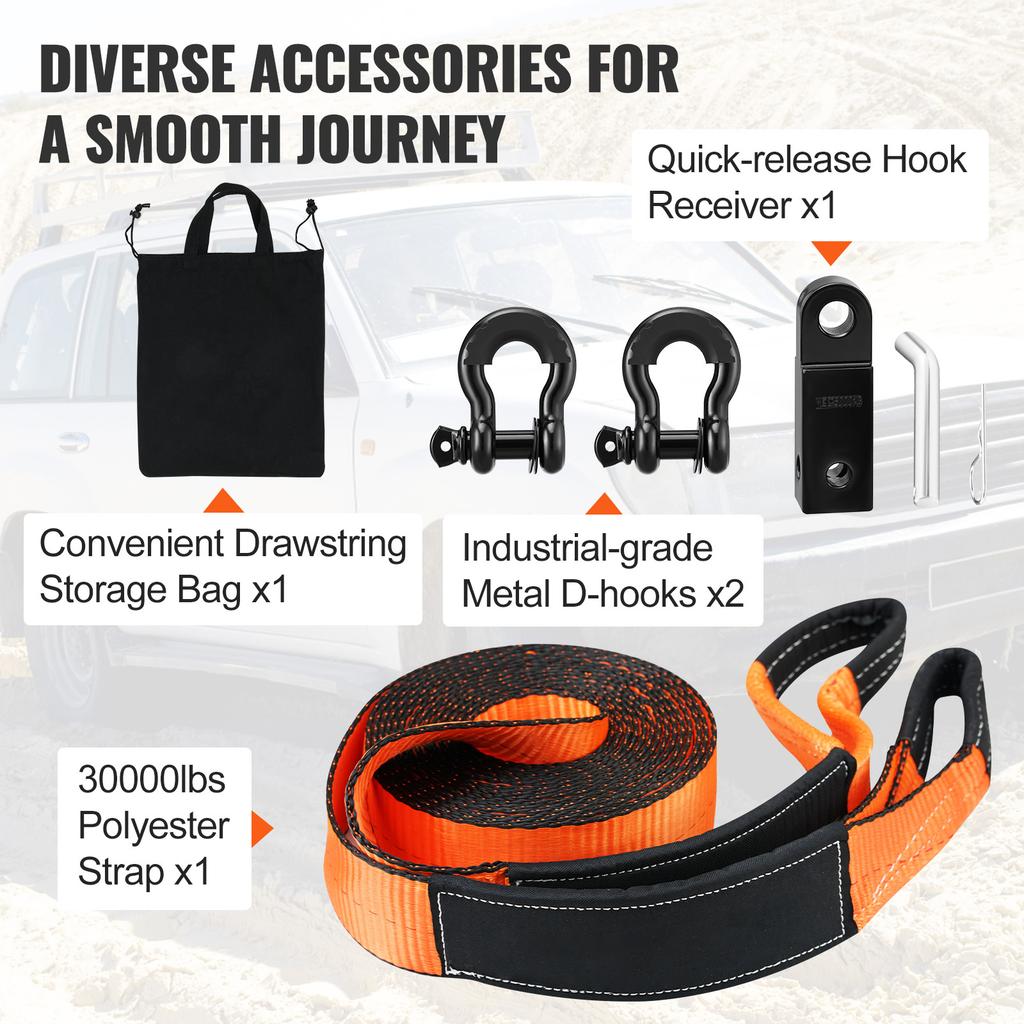 SucceBuy Off-Road Winch Recovery Kit W/30000 Lbs Polyester Tow Strap 44,092 Lbs D-Ring Shackles Storage Bag for ATV Jeep