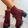 Plus-size Shoes, High-heeled, Chunk-heeled Fashion Boots, Women's Round-toe Lace-up, Back-zipped Ankle Boots