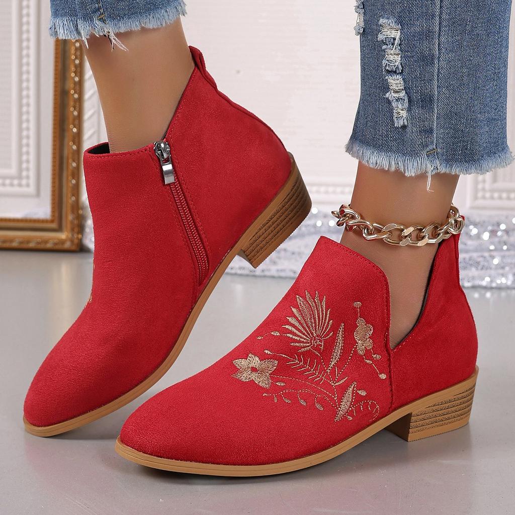 Embroidered Women's Boots Fall/Winter 2025 New Plus Size Round Toe Thick Heel Side Zipper Fashion Martin Boots
