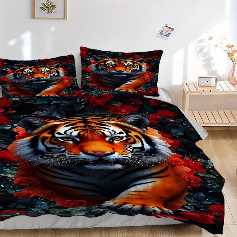 3pcs Tiger Roses Print Duvet Cover Set, Soft Comfortable Duvet Cover,Guest Room (1*Duvet Cover + 2*Pillowcase, Without Core) Yy251104120