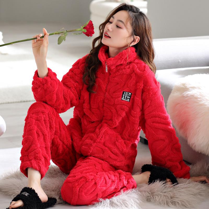 "Women's Winter Coral Fleece Pajama Set - Thick, Warm Flannel Suit for Autumn and Winter"