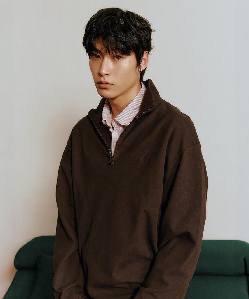 Binpolmen Textured Quarter-Zip Long-Sleeve T-Shirt Brown