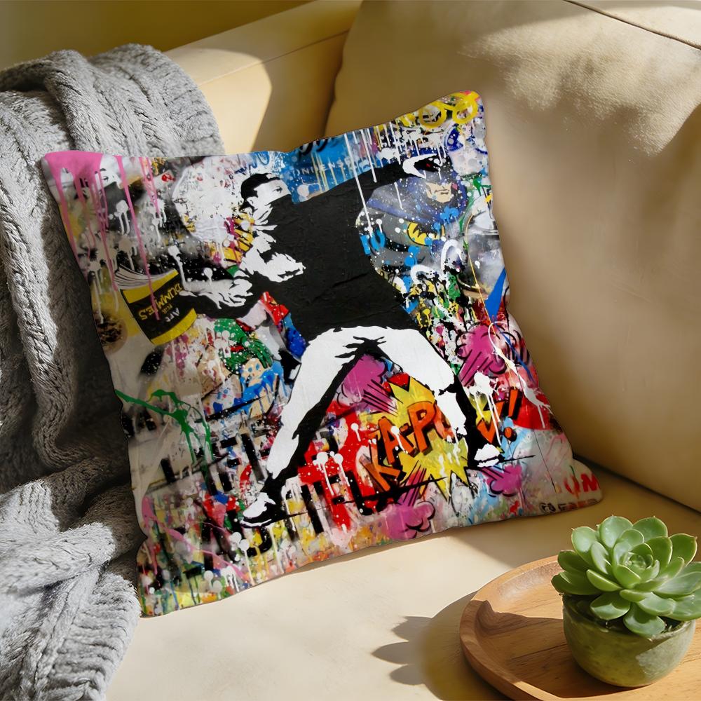 Cushion Cover Washed Linen Soft Breathable Decorative Case for Sofa Home Pillow Cover Banksy Street Graffiti Art