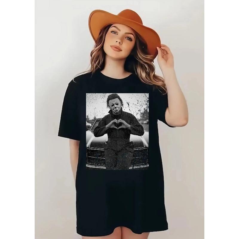 Vintage Halloween Shirt Retro Horror Movie T Shirt Distressed Michael Myers Heart Hands Fashion Casual Loose T Shirts Unisex