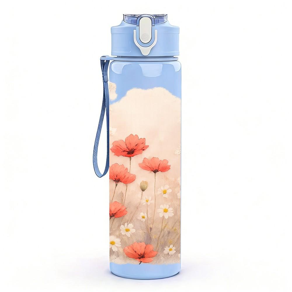 1PC Soft Pink White Cloud Flower Print 750ml Color Plastic Sports Water Bottle Leakproof Flip Straw Lid Suitable for Sports Office Home Use