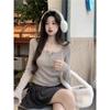 Y2k Slim Fit U-hals Knopenlijst T-shirt Dames Herfst Winter Ondergoed Korte Stijl Basis T-shirt Trendy Lange Mouw Pit Tops