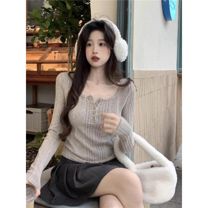 Y2k Slim Fit U-hals Knopenlijst T-shirt Dames Herfst Winter Ondergoed Korte Stijl Basis T-shirt Trendy Lange Mouw Pit Tops