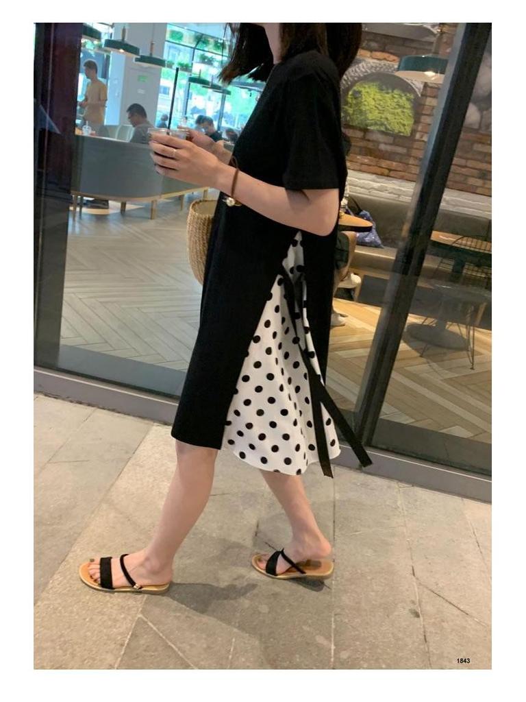 Maternity Loose-Fit Plus Size Patchwork T-shirt Dress - Korean Style Summer Over-the-Knee Dress