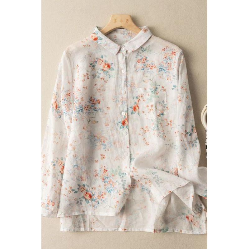 Women's New Stitched Square Neck Button Print Fashion Loose Versatile Casual Long Sleeve Shirts