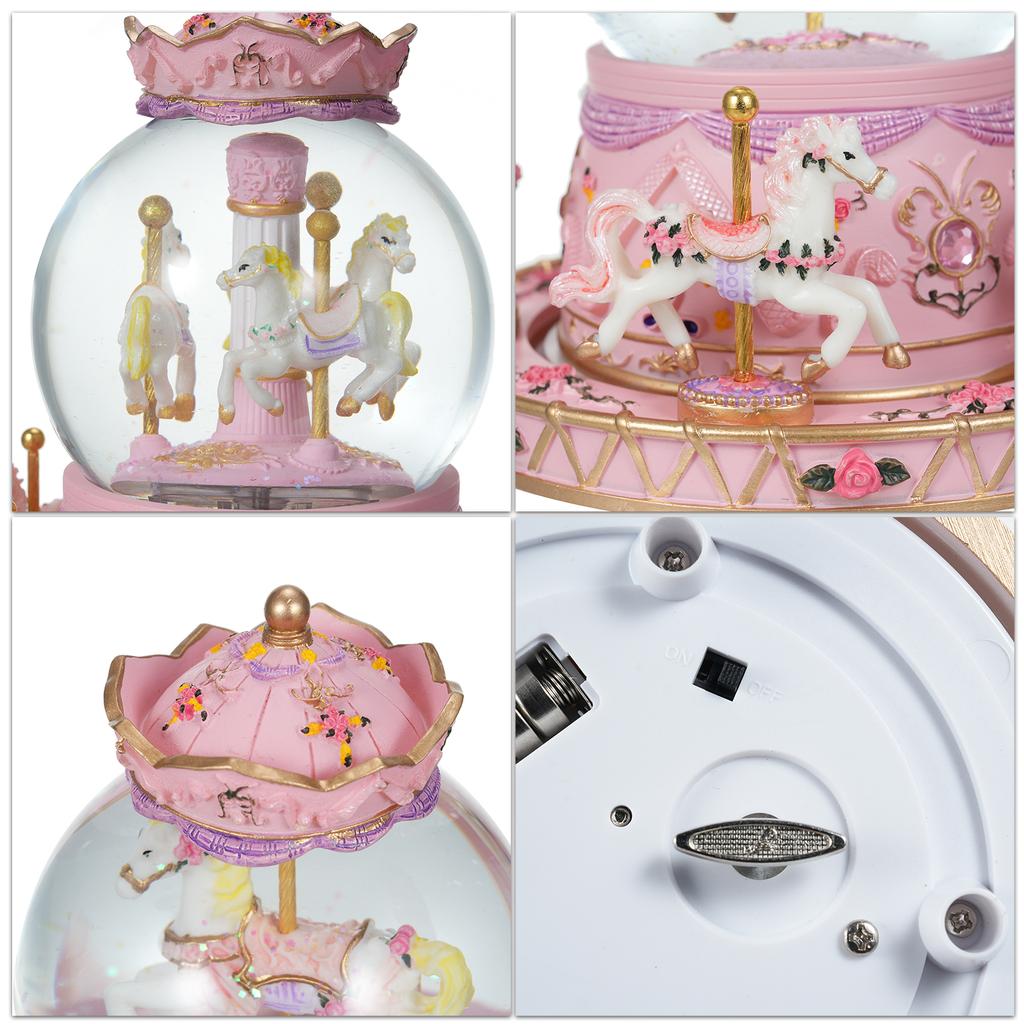 Rotating Carousel Music Box Crystal Ball Light up Snow Globe Wind up Musical Box Colorful Lights Cute Little Horses