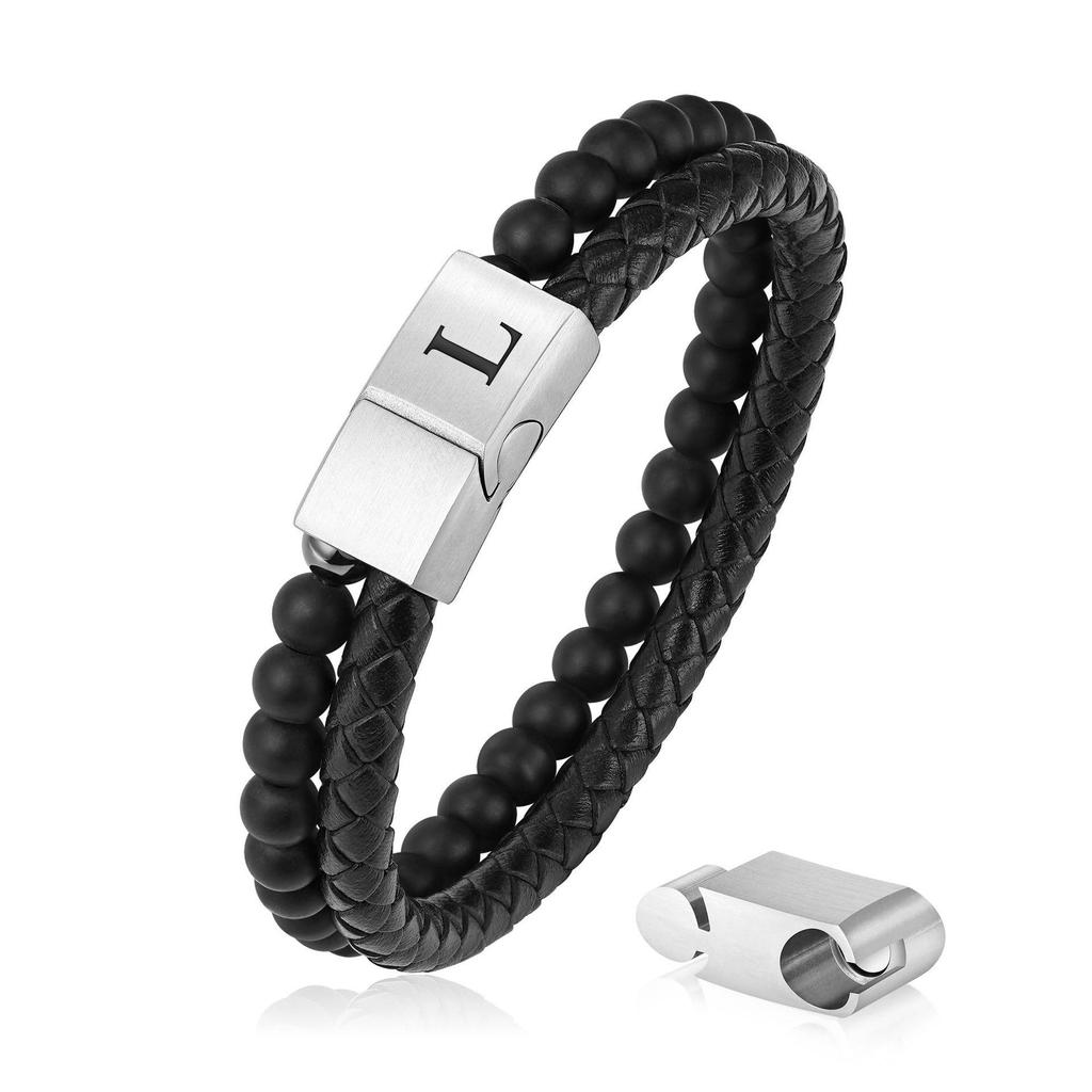 Men's Black Matte Double Layer Leather Bracelet with 26 Letter Engraved Stainless Steel Magnetic Clasp, 6mm