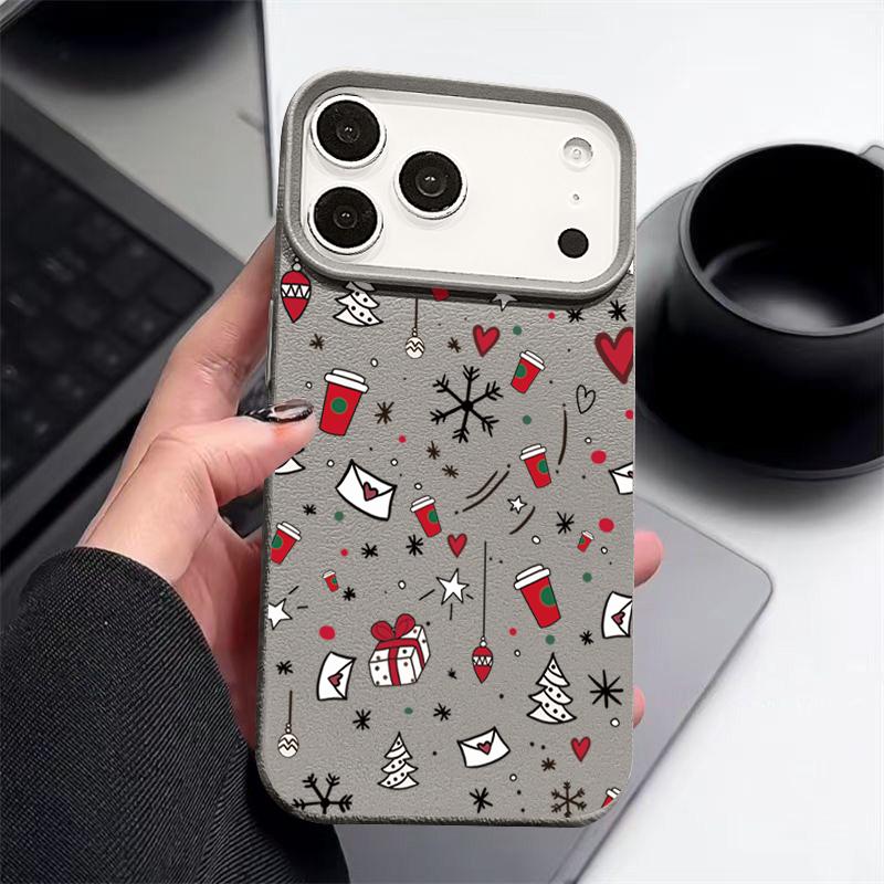 Full-Coverage Christmas Pattern iPhone Case for iPhone 17 16 15 14 Fro Max 13 Air - Festive Shockproof TPU Cover with PU Leather Texture