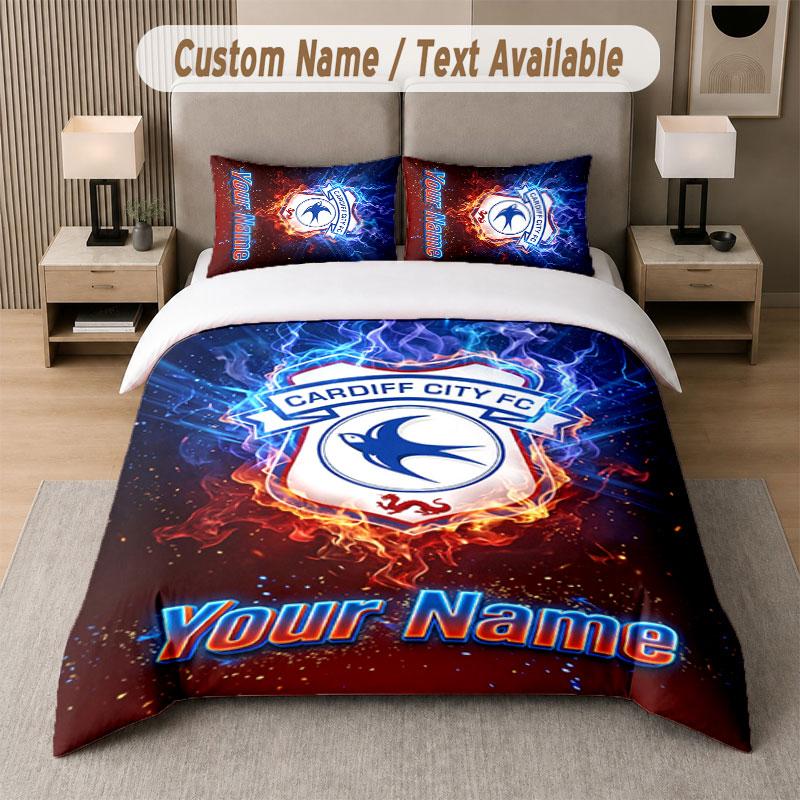 Custom Bedding Set Cardiff City Pattern, Print Name Text 1 Duvet Cover Plus 2 Pillowcases Home Textile