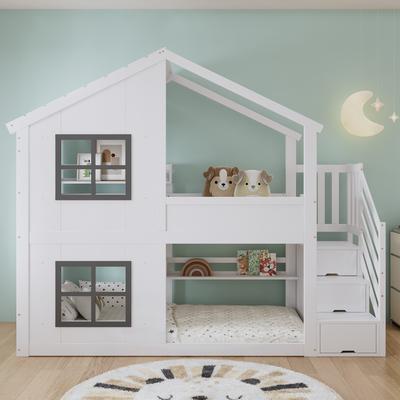 Bunk Bed, Children's Bed, With Window and Roof, Sturdy Slatted Frame, Three-Tier Staircase Cabinet, Pine + MDF + Plywood, White + Grey, 90x200cm