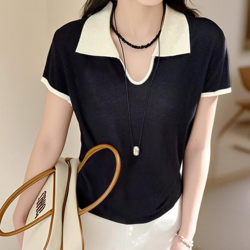 Women's Plus Size Color Block Lapel Knitted Short Sleeve Ice Silk T-Shirt - Loose, Versatile, High-End Summer Top