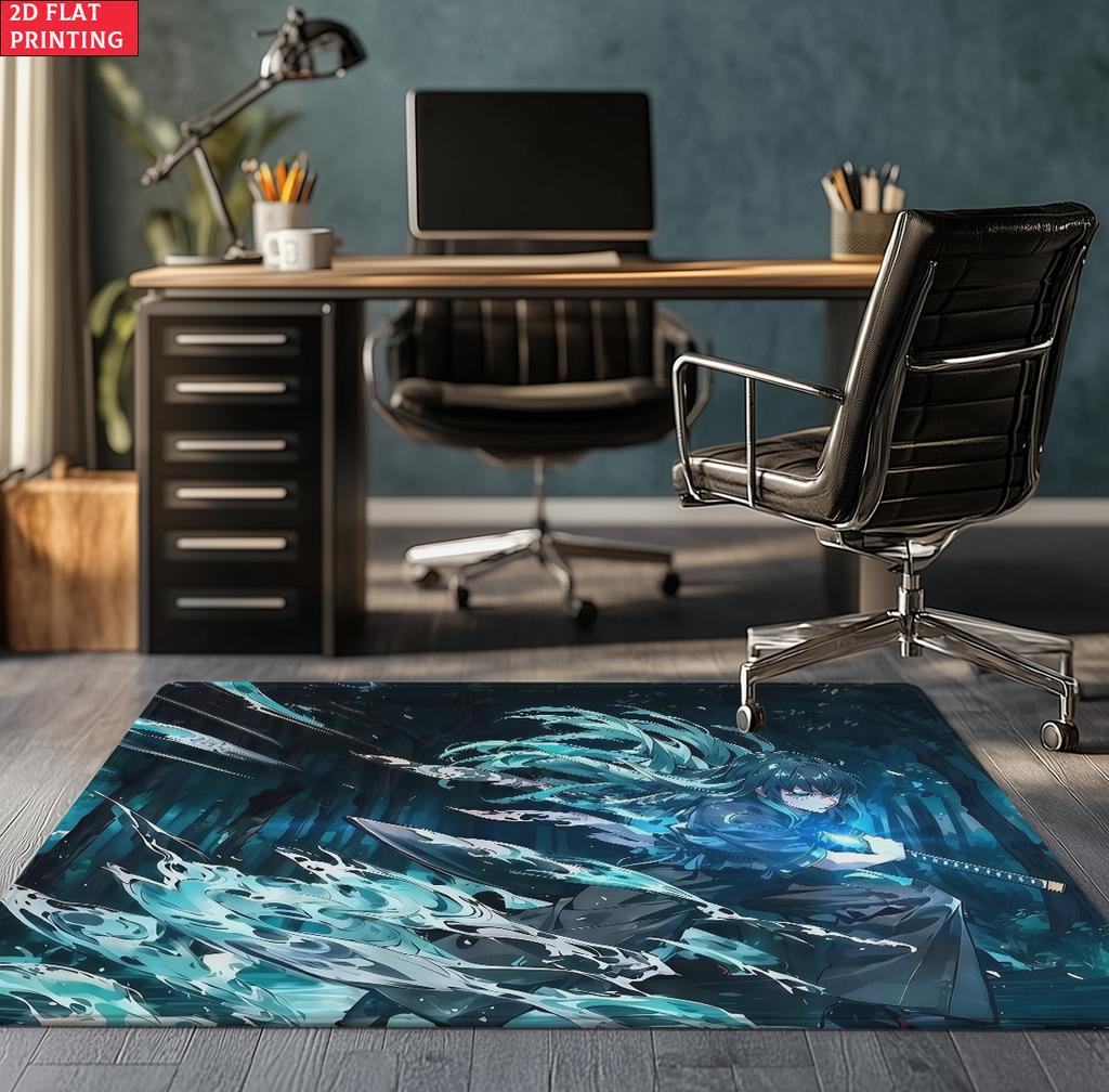 Anime Swordsman Area Rug, Blue Water Wave Theme  Floor Mat, Decorative Carpet for Gaming Room Bedroom, Washable Home Decor Gift