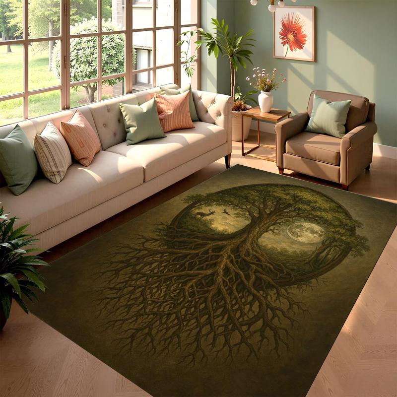 Mystical Life Tree Rug Soft Non-Slip Washable Area Carpet Vintage Forest and Moon Floor Mat for Living Room Bedroom Minimalist