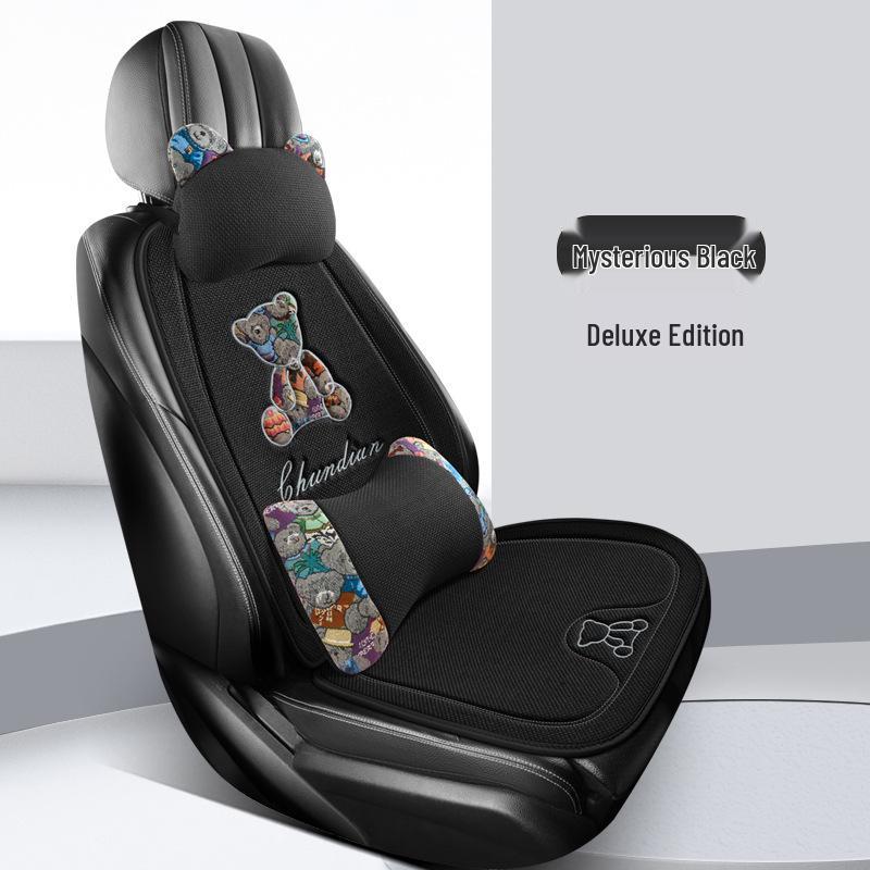 Four Seasons Universal Linen Car Seat Cushion - Cartoon Bear, Breathable, Half-Wrap Rear Seat Cover