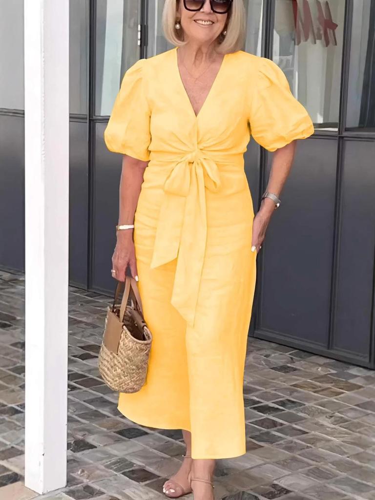 2026 Spring/Summer V-neck Lace-up Puff Sleeve Cotton Dress for Women