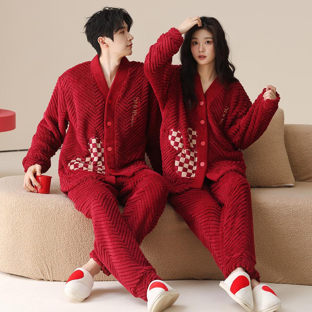Couple Pajamas Winter Coral Fleece Wedding Thickened Wedding Festive Red Men's and Women's Flannel Loungewear