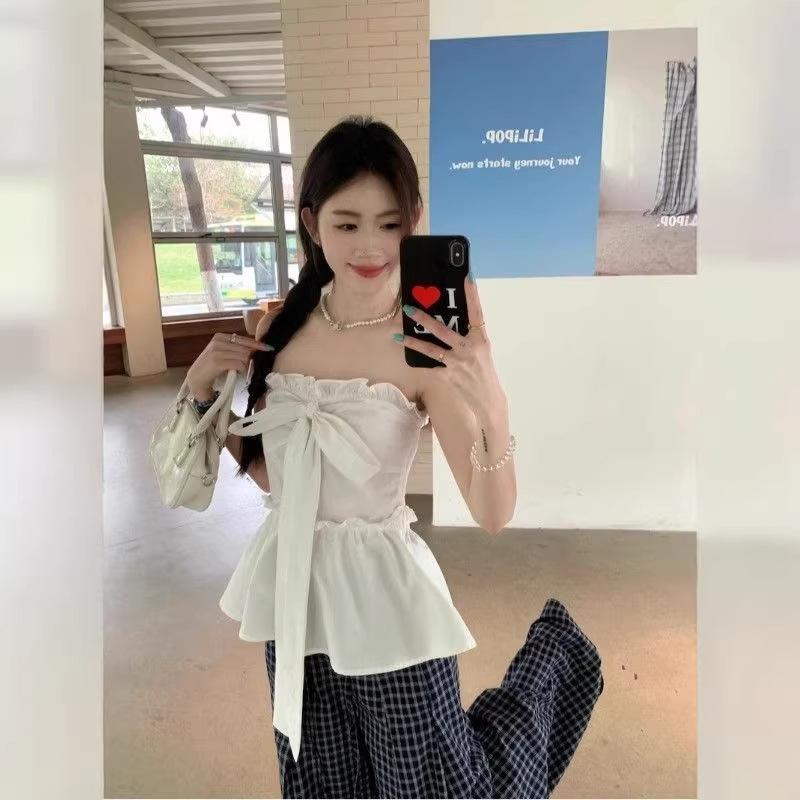 Sweet Wind White Bow Strap Tube Top Women's Summer French Ruffle Edge Chic Waist Slim Top