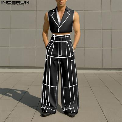 Men Suits Long Sleeve Stitching Cropped Blazer Long Pants Plaid Sets