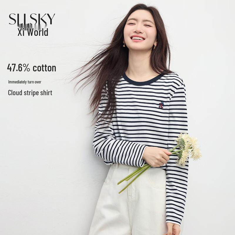Women s Korean Style Striped Embroidered Long-Sleeve T-Shirt S