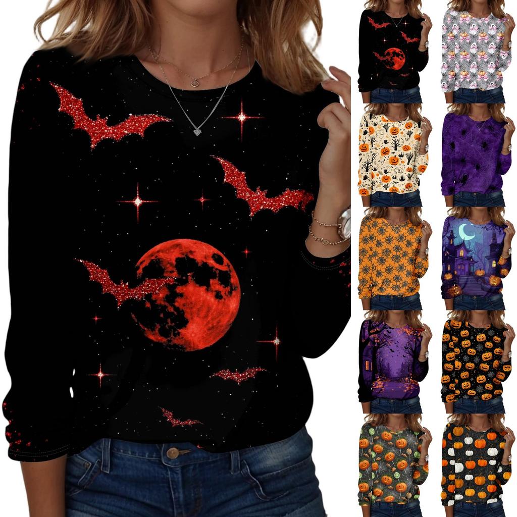Women's Casual Long Sleeve Pullover Sweatshirt Halloween Pumpkin Print Round Neck Top Lightweight Comfortable Fit