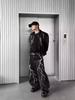Męskie czarne jeansy American High Street: Haft Piorunem, Proste Luźne Szerokie Nogawki, Modny Rogue Street Style