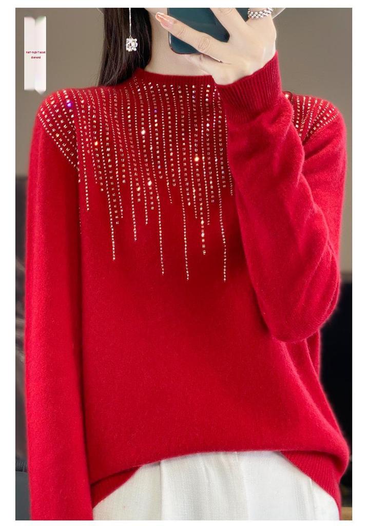 2024 Women's Zodiac Red Wool Sweater - Long Sleeve, Round Neck, Half High Neck