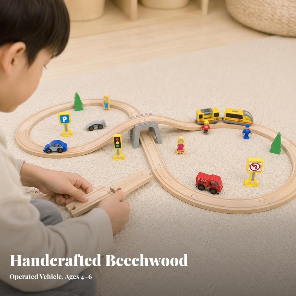 Wooden Train Set Interactive Beech Wood Railway Track Toy with Bridge Safe
