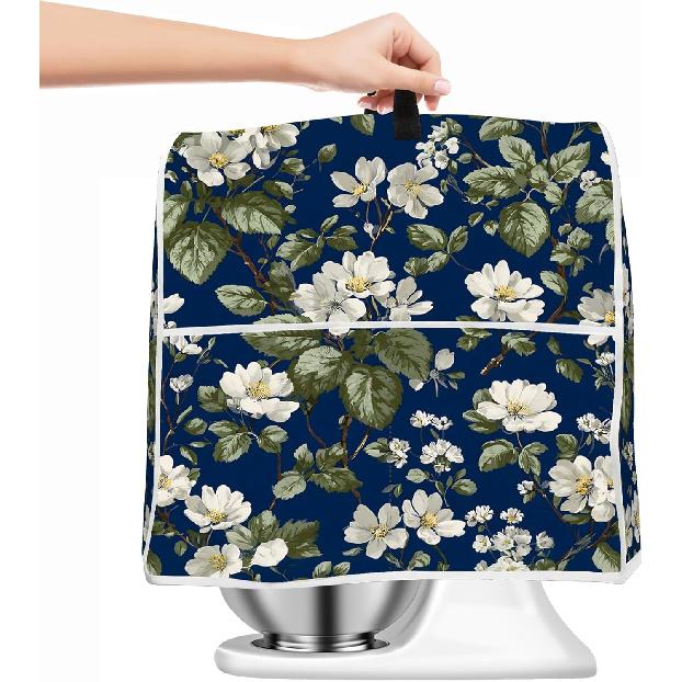 Stand Mixer Cover Compatible for 6-8 Quart Stand Mixer Kitchen Dust Cloth Cover with Pockets (White Flowers, L)