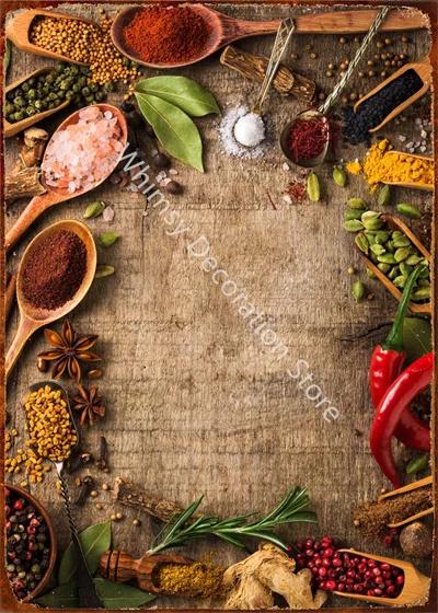 Kitchen Themed Wall Art Decor Colorful Spice and Spoon In Table Metal Tin Sign Food Cooking Ingredients Metal Art Print Decor