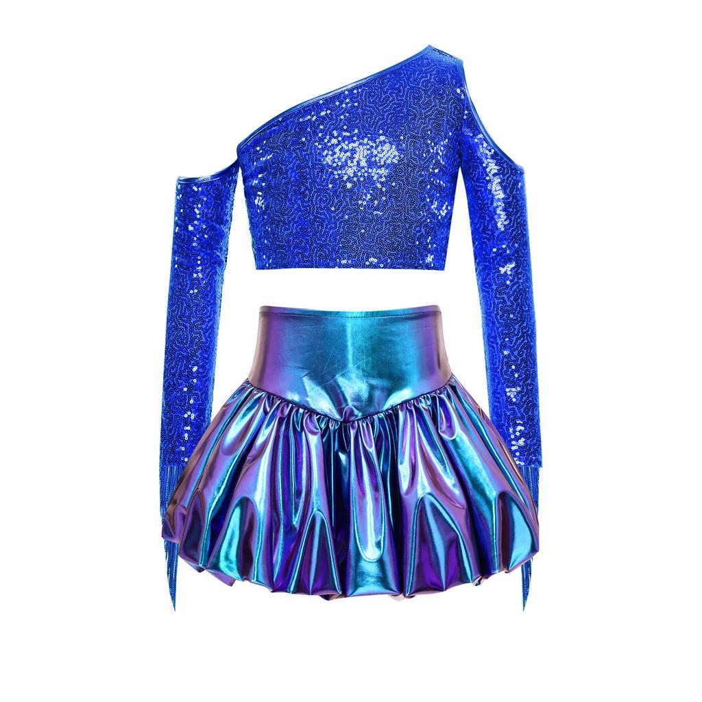 Meisjes Performance Outfit Metallic Glanzend Cold Shoulder Crop Top Lange Mouwen Kwastjes Design Feest Bellenrok