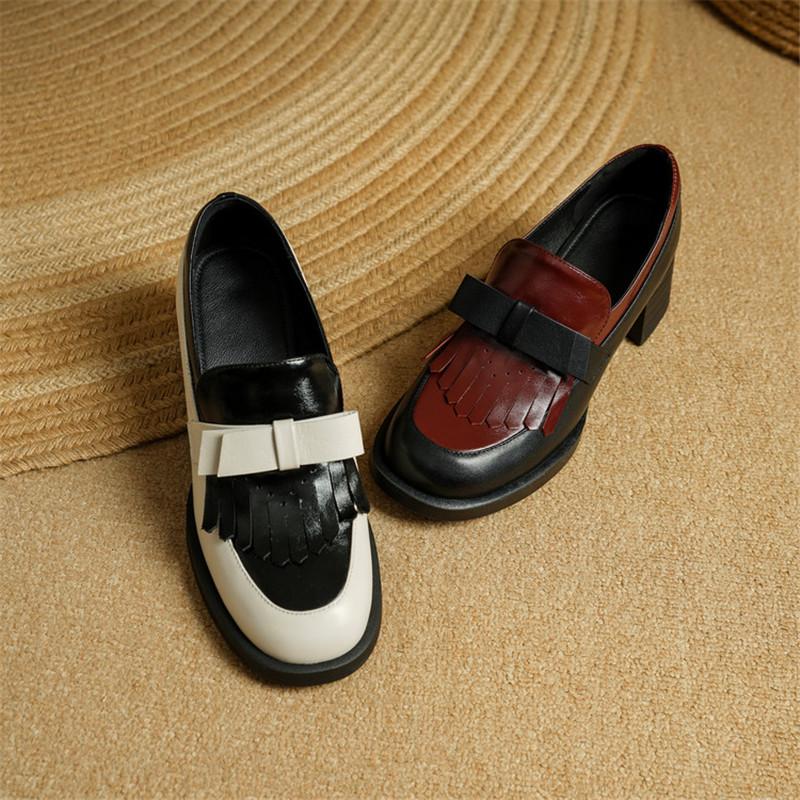 Fashion New Spring/summer Genuine Leather Women Pumps Shoes for Women Fashion Mixed Color Bow Round Toe Chunky Heels High Heels Loafers