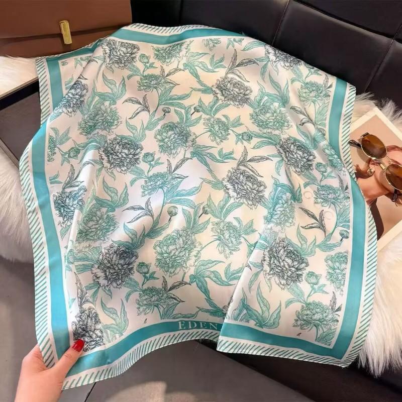 70x70cm Lightweight Cotton Silk Square Scarf With Boho Floral Print Breathable Neck Wrap Women